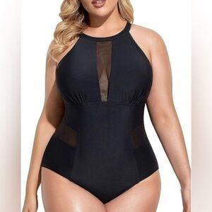 NWT Daci Plus Size One Piece Swimsuit for Women High Neck Plunge Mesh Sz 2XL